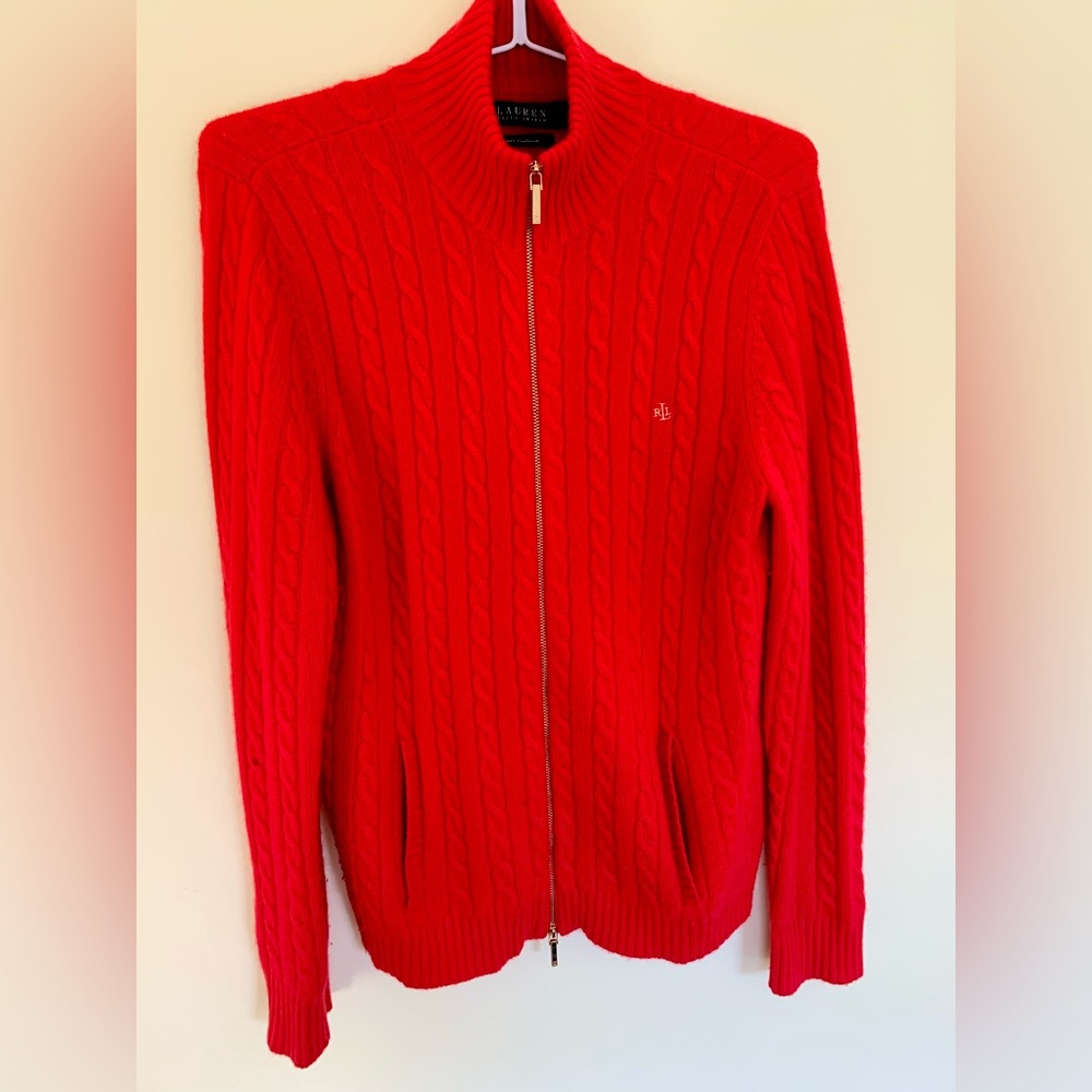 Ralph Lauren 100% Cashmere red cardigan fully zipped front closure mock neck USL